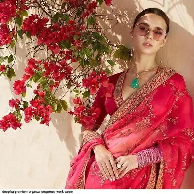 $67.84 • Buy Sabyasachi Hot Pink Organza Sari Thread Embroidery Saree Lehenga Choli Indian