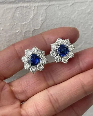 3.00 Ct Round Lab Created Blue Sapphire & Diamond Earring Stud 14K White Gold • $442