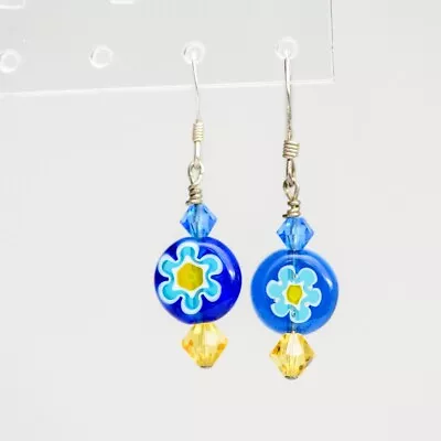 Vintage Murano Millefiori Round Glass Earrings Blue Yellow Crystal Silver Plated • $9.99