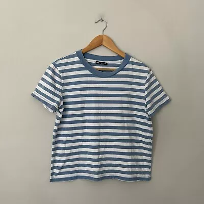 Zara Short Sleeve Blue White Striped Crew Neck Stretch Women Casual • $10.88