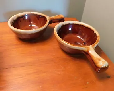 2 Western Monmouth Pottery Maple Leaf USA Brown Drip Handled Soup Bowls • $14