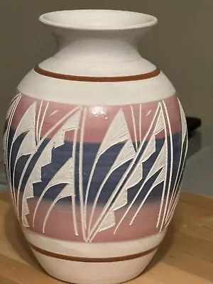 Hand Crafted Mexican Pottery Vase Blue Pink 7 1/2   Signed R Gonza • $24