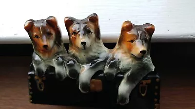 Vintage Chase Japan Hand Painted Ceramic Planter With 3 Collie Puppies 4 1/2  • $12