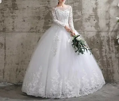 £169 • Buy UK White/Ivory Long Sleeve Floor Length Lace A Line Wedding Dresses Size 6-20