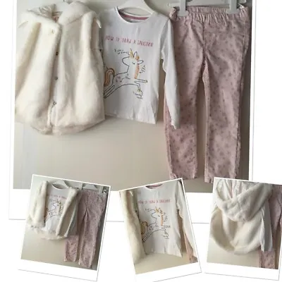 £7.95 • Buy H&M Girls Shimmer Star Chinos & M&S Unicorn Top & Yd Fur Style Gilet  2-3 Years