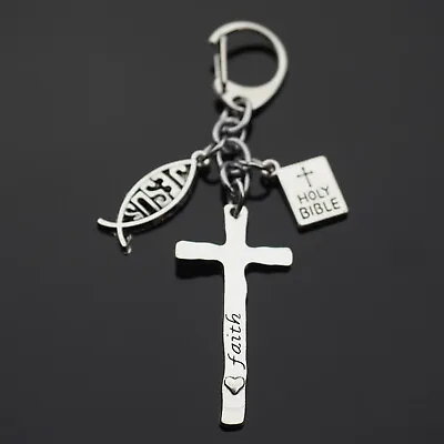 $6.49 • Buy Rugged Cross Faith Believe Jesus Fish Christian Holy Bible Charms Keychain Clip