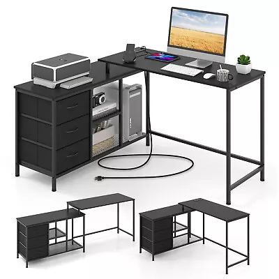 L-shaped Corner Computer Desk W/ Power Outlet Office Drawers Metal Mesh Shelves • $179.95