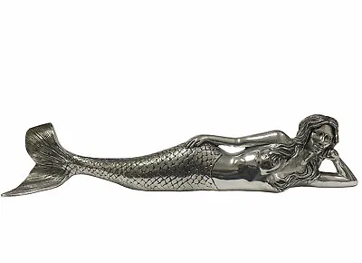 Little Dreamy Mermaid Resin Sculpture Laying Figurine 25 L Antique Silver Finish • $69.95