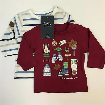Mayoral NWT Baby Boys Set Of 2 T-Shirt Size 6 & 12 Mo In Blue Stripe & Wine L/S • $12.50