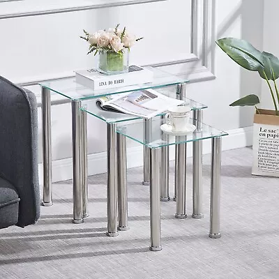 Nest Of 3 Clear Tempered Glass Nested Tables Side End Table Stainless Steel Legs • $69.99