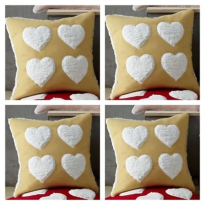 Set Of 4 - Yellow Love Heart Fleece Luxury Designer Cushion Cover 18x18  45cm • £9.99