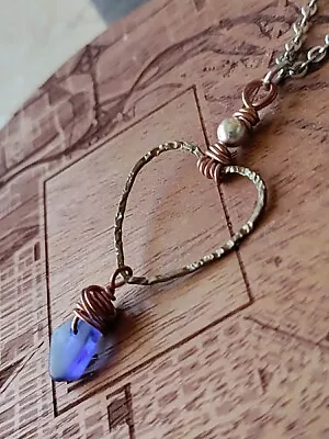 Mothers Day Gift Blue Genuine Sea Glass Necklace Hammered Brass Heart Dainty • $14