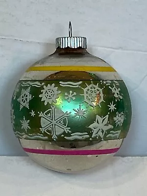 Shiny Brite Blown Glass Christmas Ornament Silver Snowflakes Green Vintage USA • $16.99