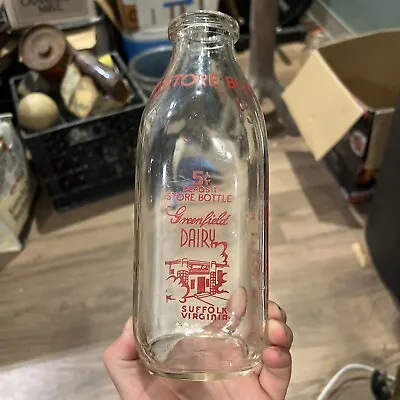 Vintage Painted Quart Milk Bottle Greenfield Dairy Suffolk Virginia VA • $18.95
