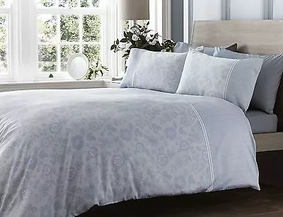 Double Bed Duvet Cover Set Lace Effect Blue 300 Thread Count Luxury Floral • £18.99