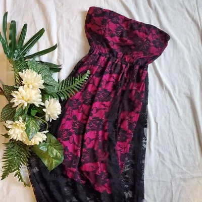 JUMP Hot Pink Black Lace Strapless Maxi Dress Prom Size 3/4 Juniors Women's  • £18.64