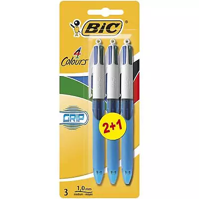 BIC 4 Multi Colour Grip Ball Point Ballpoint Pen 3 Pack Original Assorted Pro • £6.29