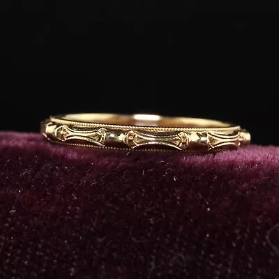 Antique Art Deco Art Carved 14K Yellow Gold Engraved Wedding Band - Size 5 • $700