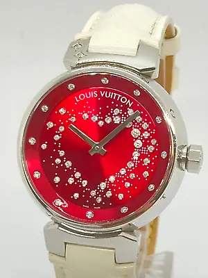 Used LOUIS VUITTON Tambour Attraction Q13M2 Watch 34mm Red Dial /w Diamond 16561 • $1450