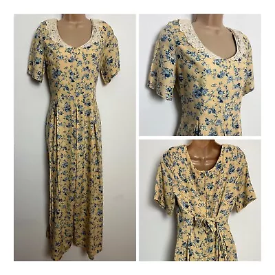 Vintage 80s 90s Lemon & Blue Floral Lace Trim Rayon Cropped Jumpsuit Size 10-12 • £9.99