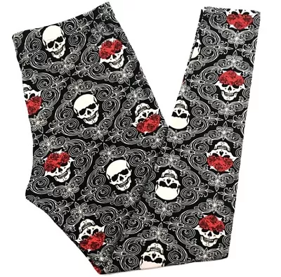 Buttery Soft Skeleton Rose Halloween Leggings One Size S M L Gray Roses Skull OS • $26.99