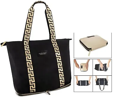 Versace Parfums Folding Tote Bag Black Gold Handbag Travel Case Faux Leather New • $64.79