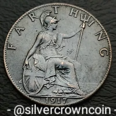 UK Great Britain Farthing 1917. KM#808.1. 1/4 C. Quarter Penny Cent Coin. WWI H • $14.63