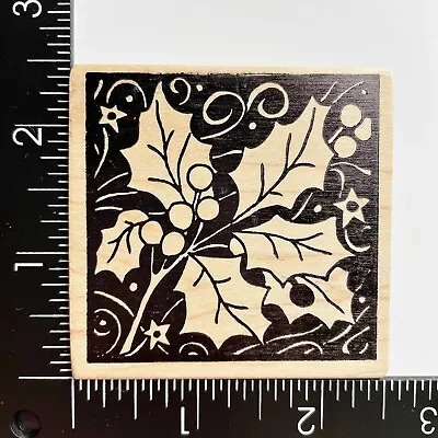 Magenta Christmas Holly Leaves Berry Sprig Swirls Wood Mounted Rubber Stamp • $5.59