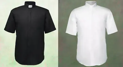 Men's Short Sleeves Tab Collar Clergy Priest Clerical Shirt - *BLACK OR WHITE* • $29.95