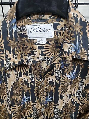 Vintage Kalaheo USA Men's Hawaiian Tiki AOP Button Shirt Brown M Rare EUC • $74.97