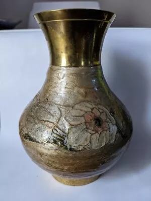 Rare-Solid Brass Indian Vase. Accented With Meenakari Enameling With Flowers.  • $21.99