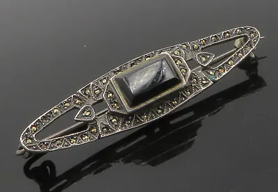 925 Sterling Silver - Vintage Black Onyx & Marcasite Brooch Pin - BP6117 • $38.91