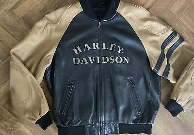 Harley Davidson Leather Motorcycle Bomber Jacket Mens Large Spellout Vintage • $180