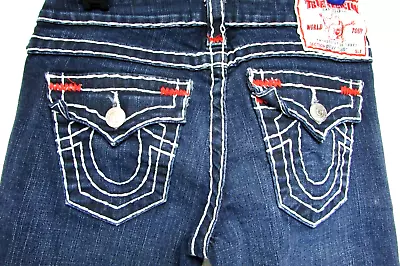 Womens True Religion Jeans Becky World Tour Dark Blue Big Red White Trim Size 26 • $34.50