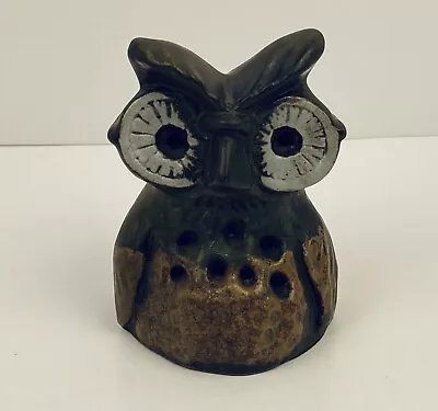Owl Candle Holder 4 1/4 Tall X 3 Wide Ceramic Green & Brown Tealight Votive Vtg • $10.95