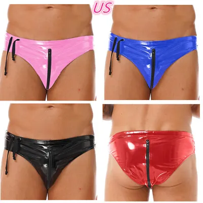 US Men's Latex Briefs Drawstring Thong Low Rise Panties Zipper Shorts Underwear • $11.03