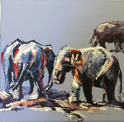 ORIGINAL Painting On Box Canvas 5  X 5  Elephants Marilyn Allis Zoom Lesson • £49.99