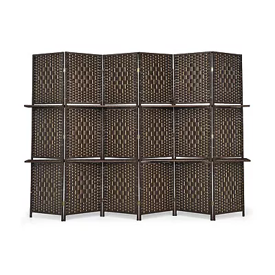 6 Panel Folding Room Divider 6' Weave Fiber Screen W/ 2 Display Shelves Brown • $109.99