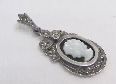 925 STERLING SILVER MARCASITE & MOTHER OF PEARL CAMEO PENDANT 36x15MM - 3.8G • $16.95