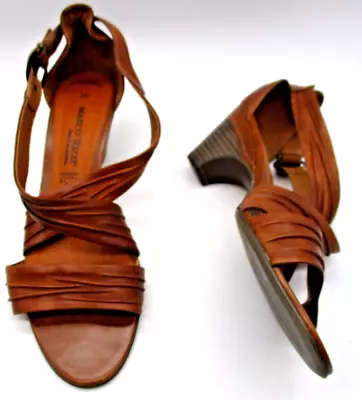 MARCO TOZZI Size 6 Women's Tan Leather Mid Heel Crossover Sandals • £9.99