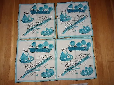 Vera Neumann Ladybug Family Country Fare Blue Wheat Sheaf Fruit Linen 4 Napkins • $59.99