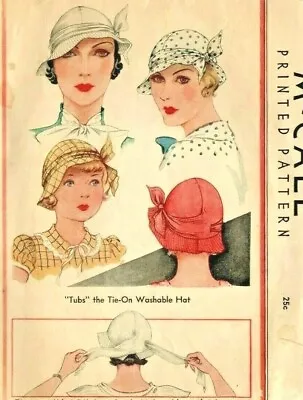  Vintage McCall Ladies 1930's Tie On Fabric Hat Reproduction Sewing Pattern #112 • $14.99