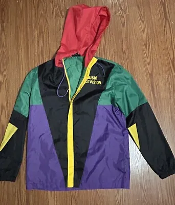 MTV Music Jacket Mens Medium Colorblock Full Zip Windbreaker Hoodie Retro • $25