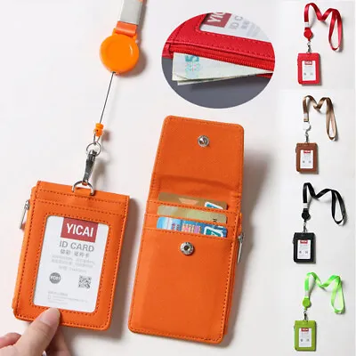 Leather ID Card Holder Badge Wallet Pocket Retractable Work Neck Strap Lanyard❤ • £1.67