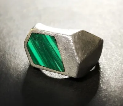 VINTAGE Taxco Mexico Men’s Signet Ring MALACHITE Inlaid In Sterling Silver HEAVY • $116.99