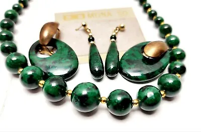 Vtg Mona Genuine Stone Necklace Matching Earrings Emerald/Jade Colored 24 In  • $69.99