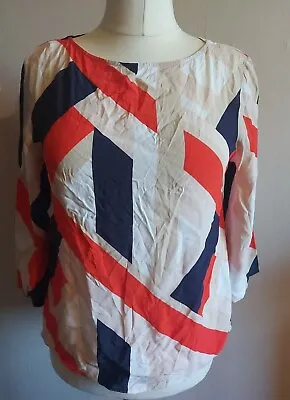 Womens Orange White Blue Patterned Top Long Sleeved With Back Zip - UK Size 12 • £3.99