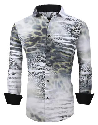 Mens PREMIERE WHITE TIGER LEOPARD ANIMAL Long Sleeve BUTTON UP Dress Shirt 657 • $39.99