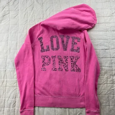 Victoria's Secret Love Pink Rhinestone Pink Zip Up Bling Hoodie Sweatshirt XS • $45