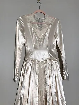 Vintage 1930s 1940s Candlelight Satin + Lace Beaded Wedding Dress Gown Train XXS • $115